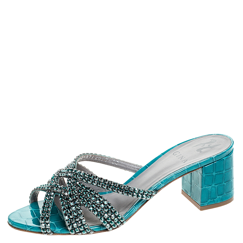  Gina Teal Crystal Embellished Leather Dexie Sandals Size 38