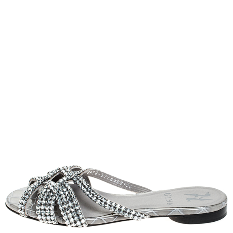 

Gina Grey Crystal Embellished Croc Embossed Leather Olson Slide Flats Size