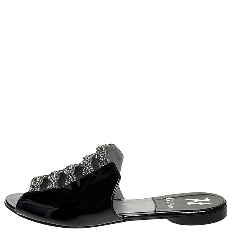 

Gina Black Patent Leather Crystal Embellished Flat Slides Size