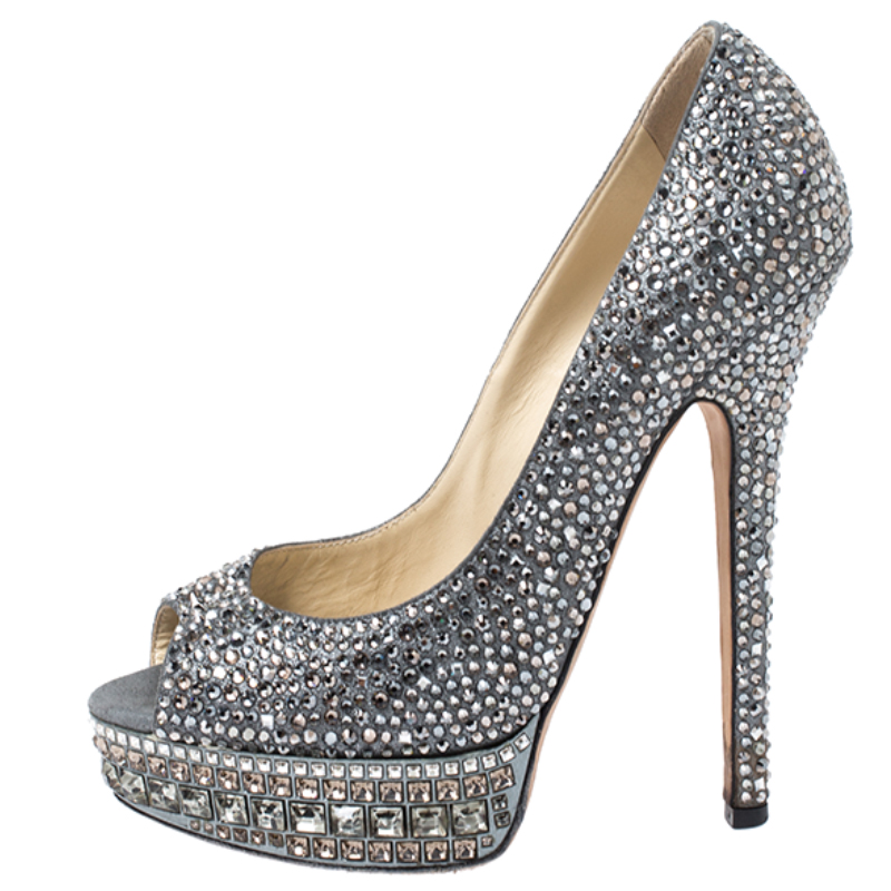 

Gina Grey Crystal Embellished Leather Peep Toe Platform Pumps Size