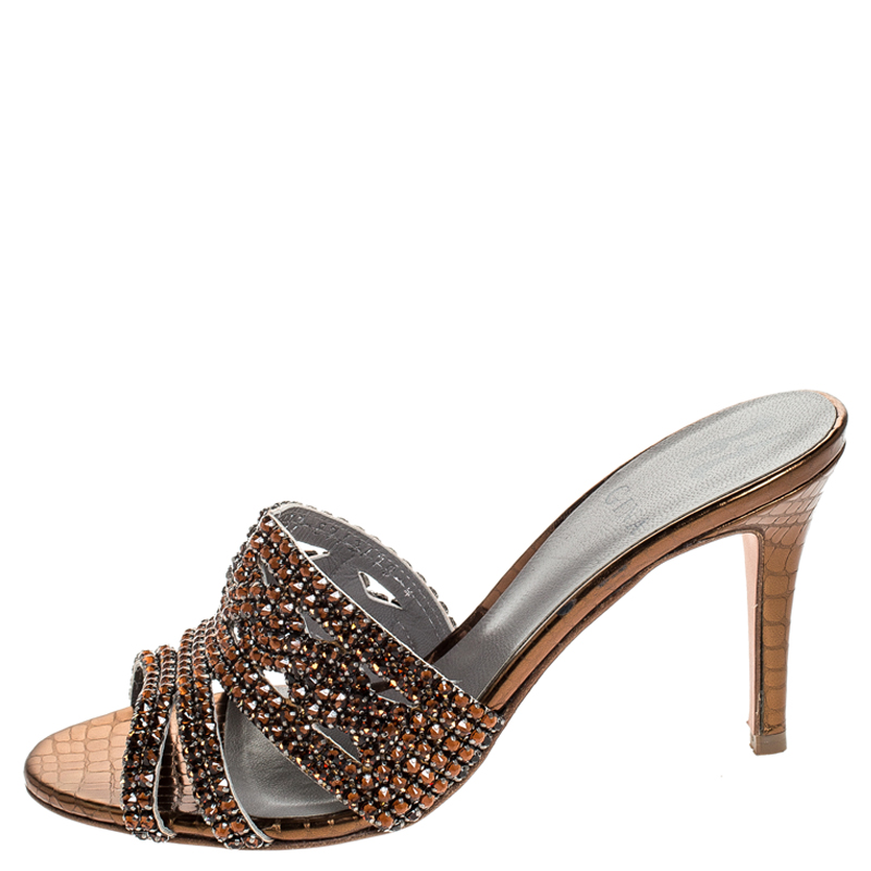 

Gina Metallic Bronze Crystal Embellished Leather Slide Sandals Size