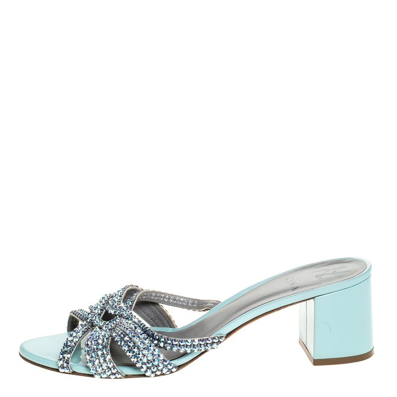 

Gina Blue Crystal Embellished Patent Leather Rodeo Block Heel Slides Size
