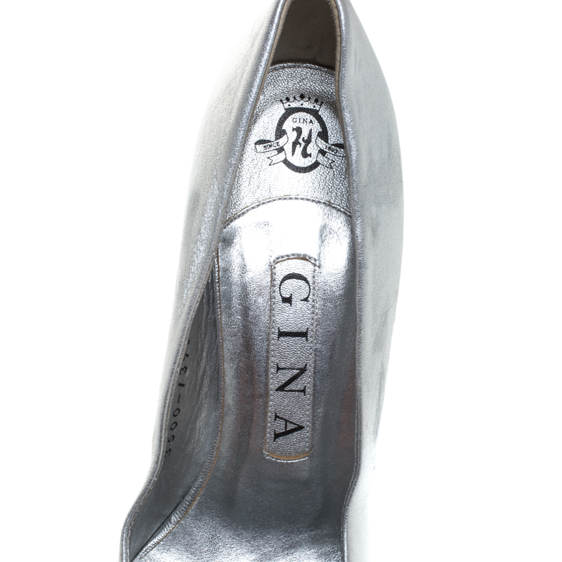 Pre-owned Gina Metallic Silver Leather Round Toe Pumps 37