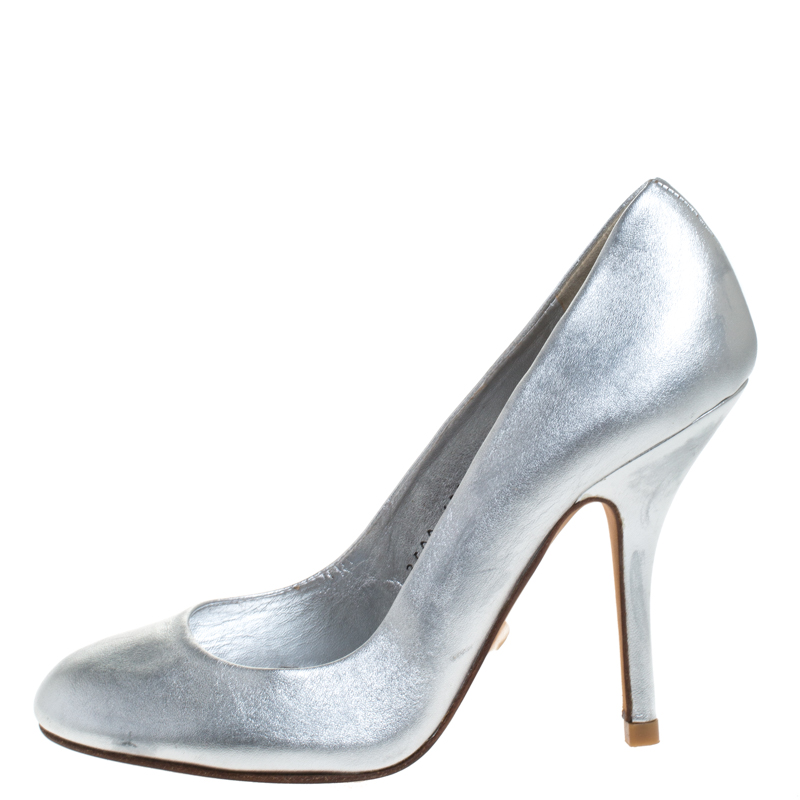 Pre-owned Gina Metallic Silver Leather Round Toe Pumps 37