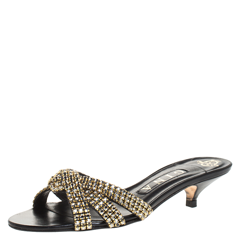 Gina Black Embellished Knotted Open Toe Slides Size 36.5