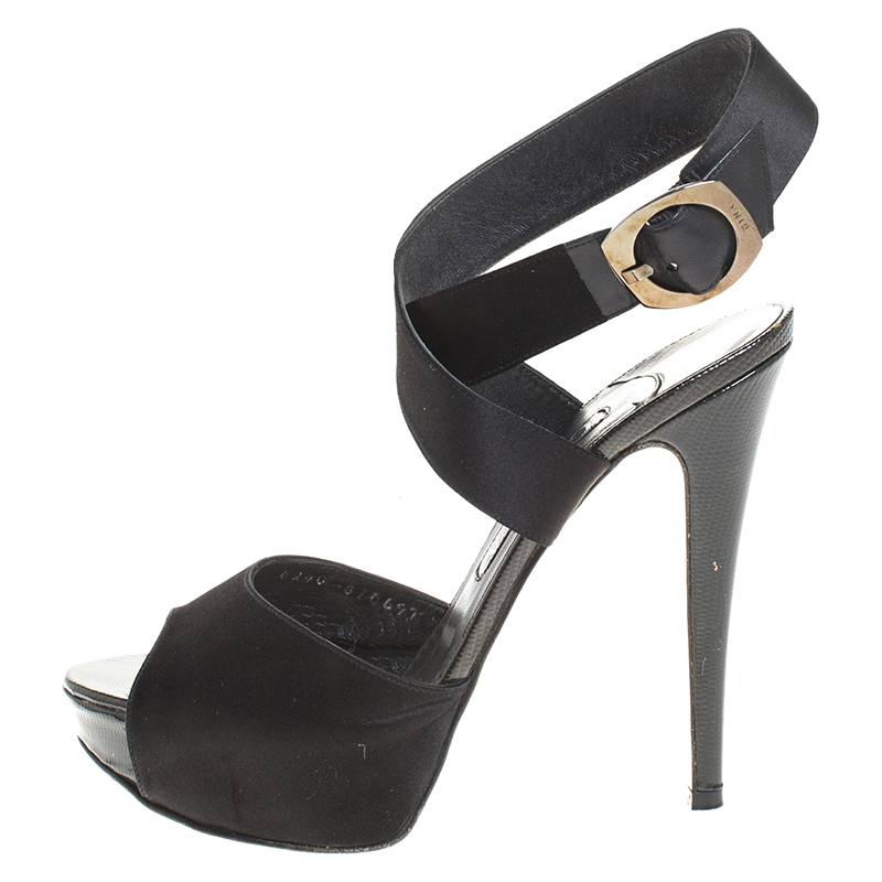 

Gina Black Satin And Embossed Patent Leather Ankle Wrap Platform Sandals Size