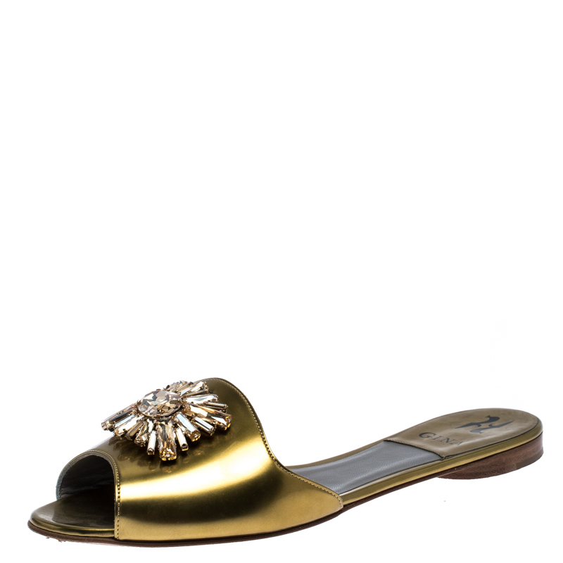 Pre Owned Gina Metallic Gold Leather Crystal Embellished Flat Slides Size 40
