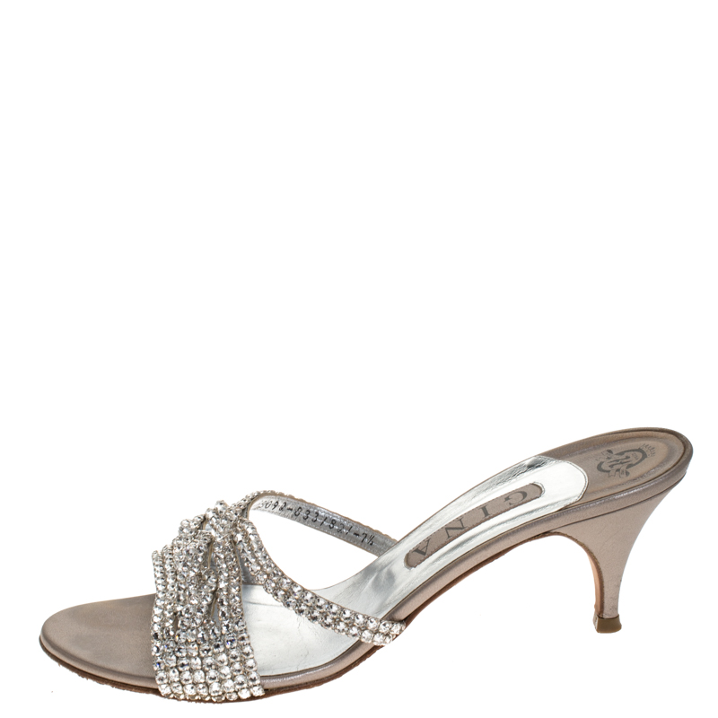 

Gina Silver Crystal Embellished Leather Open Toe Sandals Size
