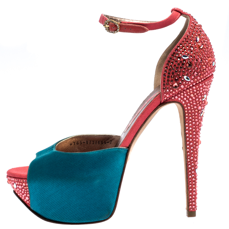 

Gina Multicolor Satin And Crystal Embellished Canvas Destiny Platform Sandals Size