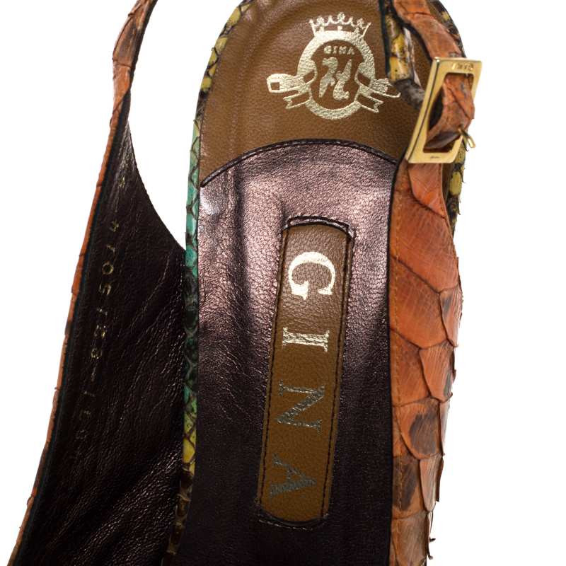 Pre-owned Gina Multicolor Python Leather Peep Toe Platform Slingback Sandals Size 38.5