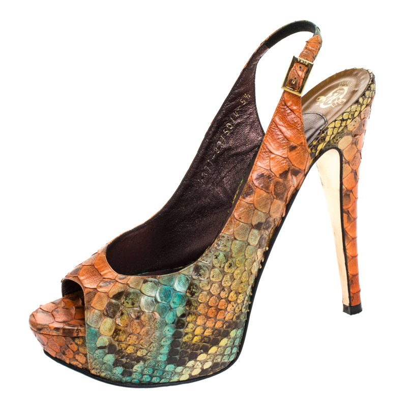 

Gina Multicolor Python Leather Peep Toe Platform Slingback Sandals Size