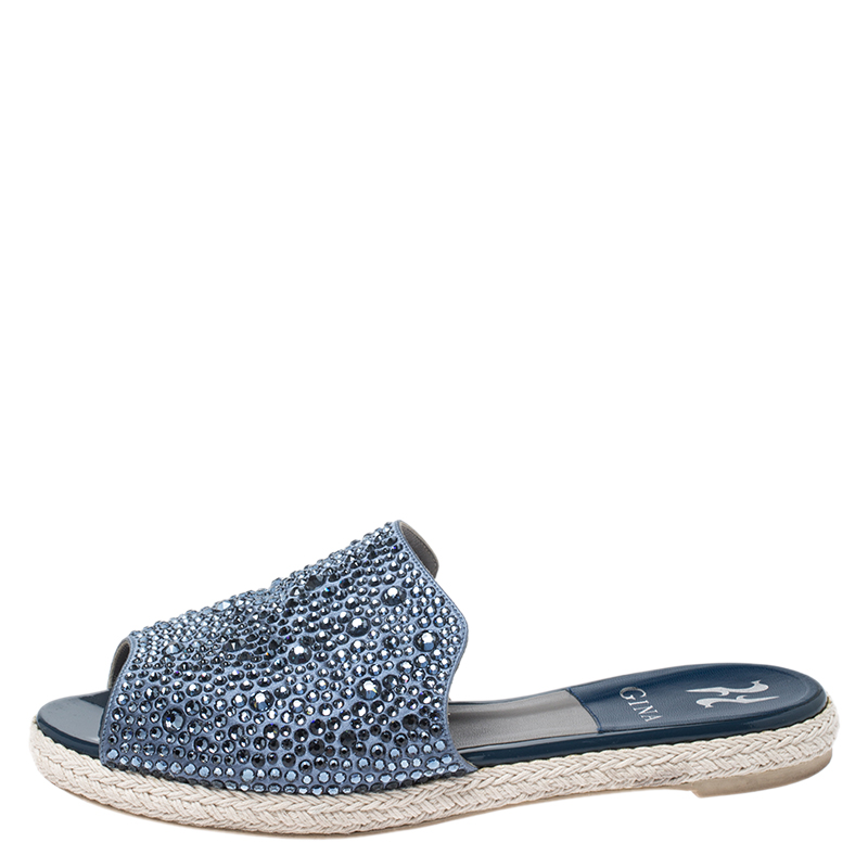 

Gina Blue Crystal Embellished Satin Peep Toe Espadrille Flat Slides Size