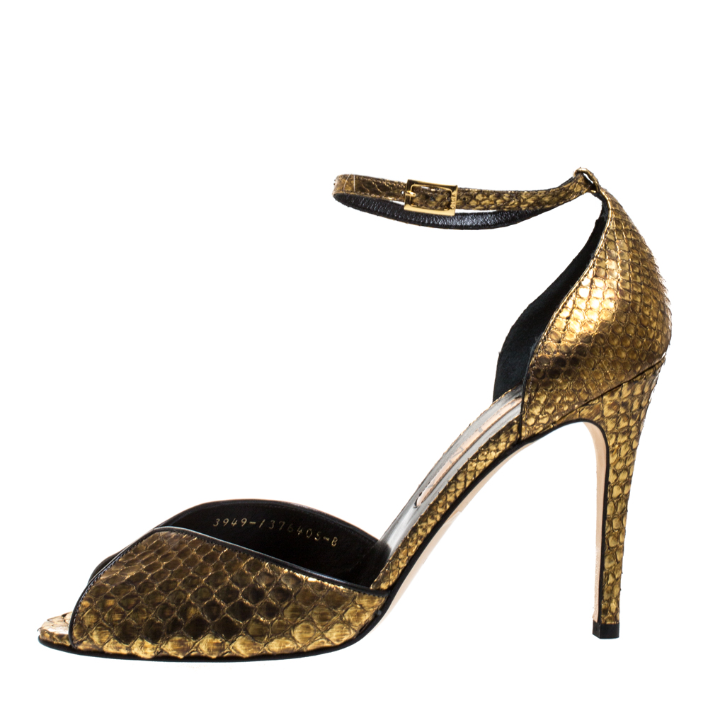 

Gina Gold/Black Python Peep Toe Ankle Strap Sandals Size