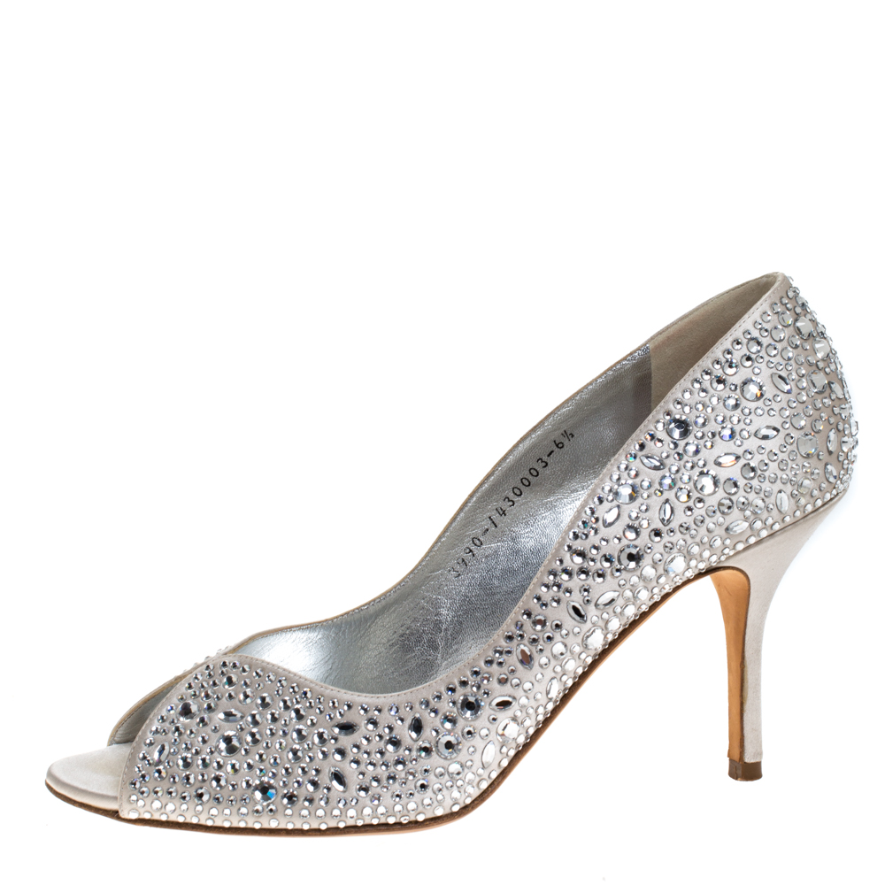 

Gina Light Grey Satin Crystal Embellished Peep Toe Pumps Size