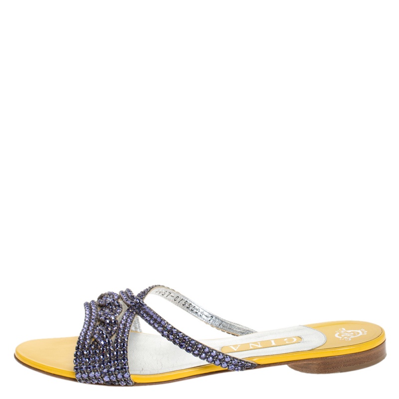 

Gina Yellow Patent Leather And Purple Crystal Embellished Flat Slides Size