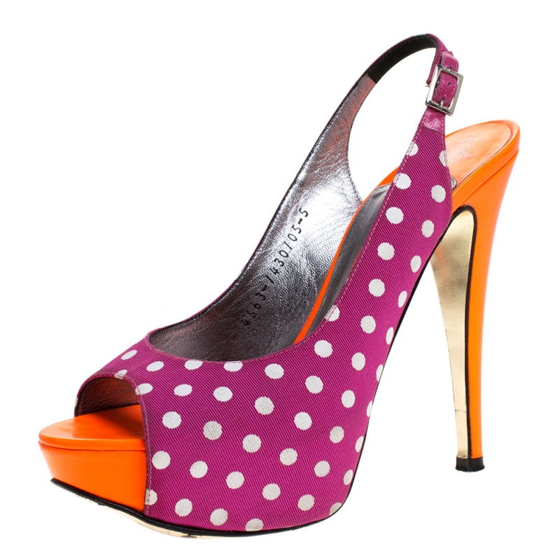 

Gina Purple/Orange Polka Dot Fabric And Patent Open Toe Slingback Sandals Size