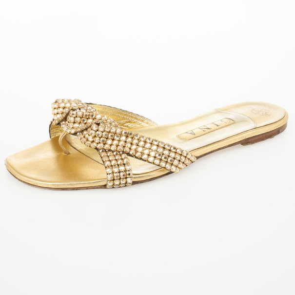 مملوكة مسبقًا Gina Gold Crystal Embellished Flat Slides Size 39.5