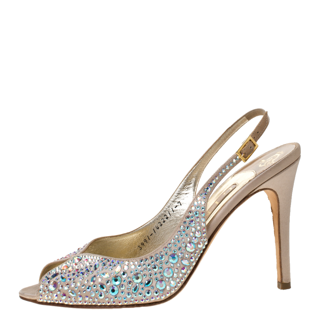 

Gina Beige Satin Crystal Embellished Slingback Sandals Size