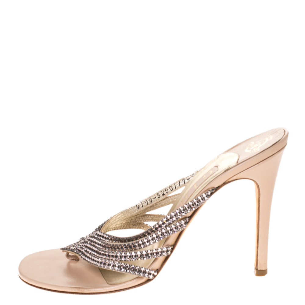 

Gina Beige Leather Crystal Embellished Strappy Sandals Size