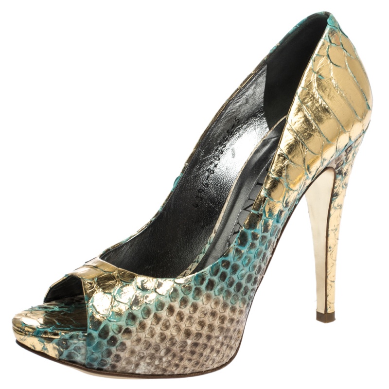 

Gina Multicolor Python Leather Peep Toe Platform Pumps Size