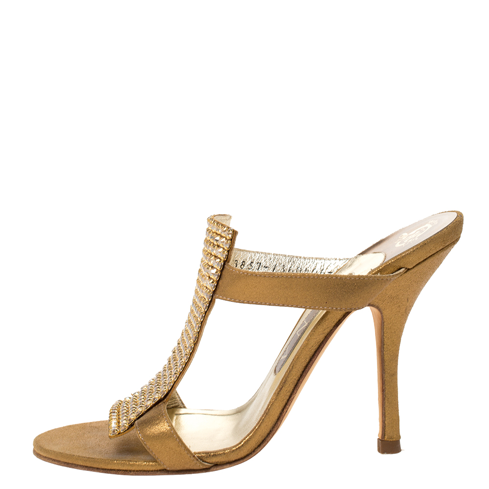 

Gina Gold Leather Crystal Embellished Slip On Sandals Size