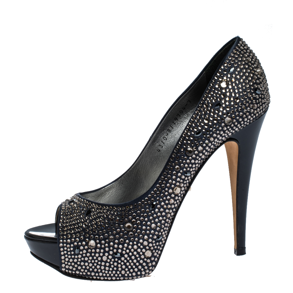 

Gina Dark Blue Satin Crystal Embellished Peep Toe Platform Pumps Size