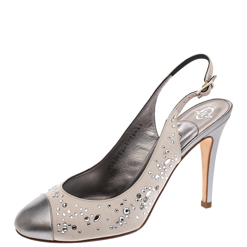 

Gina Metallic Silver Satin and Leather Crystal Embellished Slingback Sandals Size