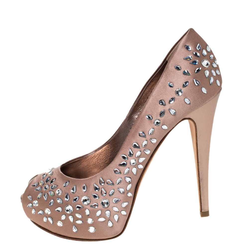 

Gina Brown Satin Crystal Embellished Peep Toe Platform Pumps Size