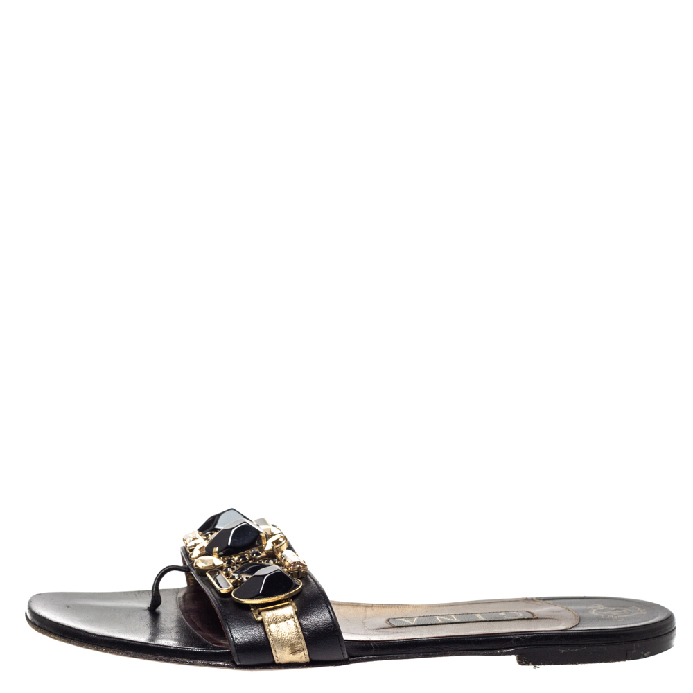 

Gina Black Leather Crystal Embellished Flat Slides Size