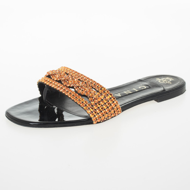 Pre Owned Gina Orange Athena Flat Slides Size 38
