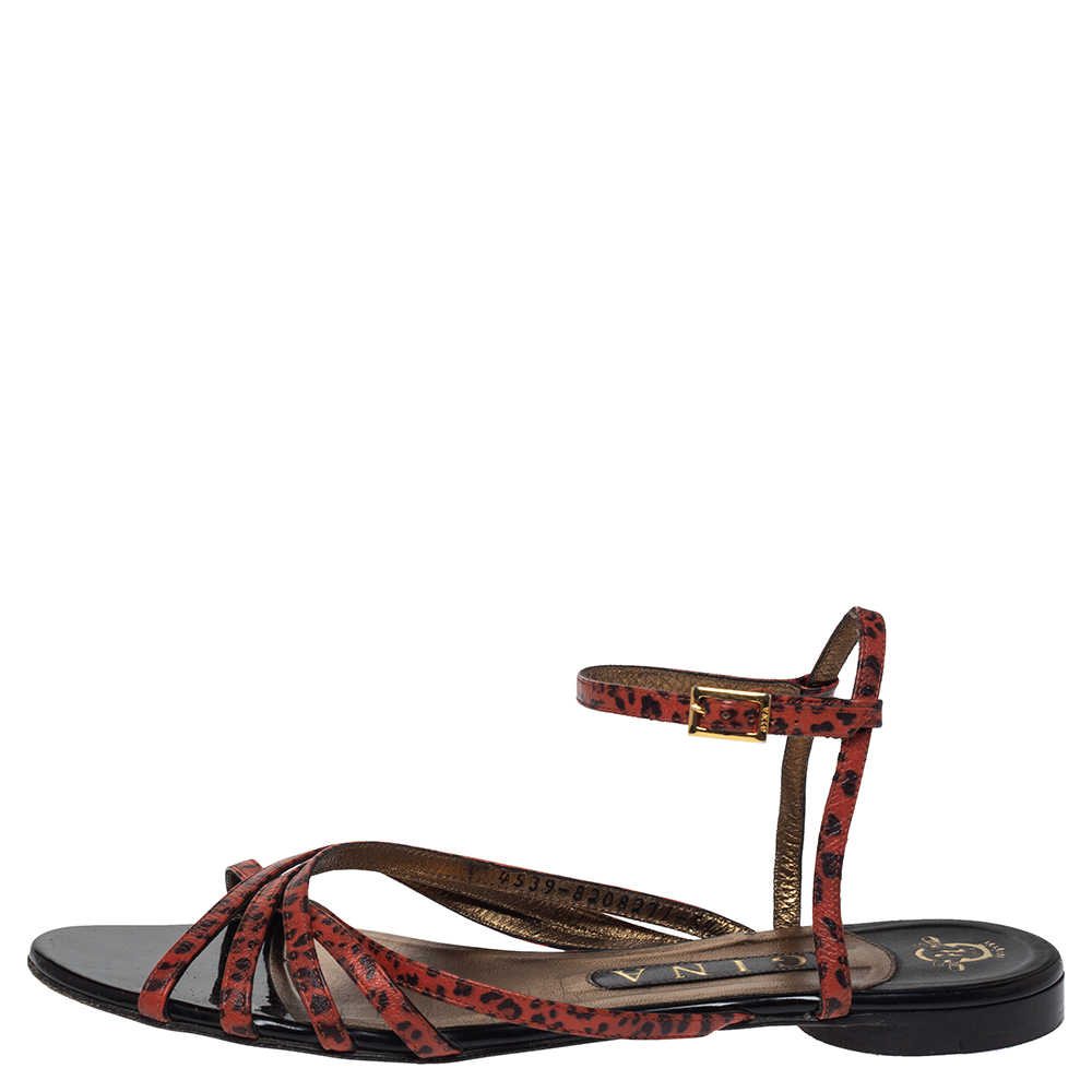 

Gina Orange/Black Animal Print Leather Strappy Flat Sandals Size