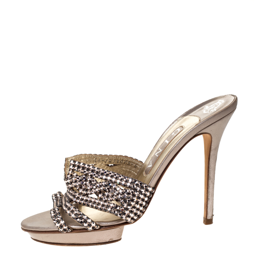 

Gina Metallic Lilac Crystal Embellished Leather Platform Sandals Size