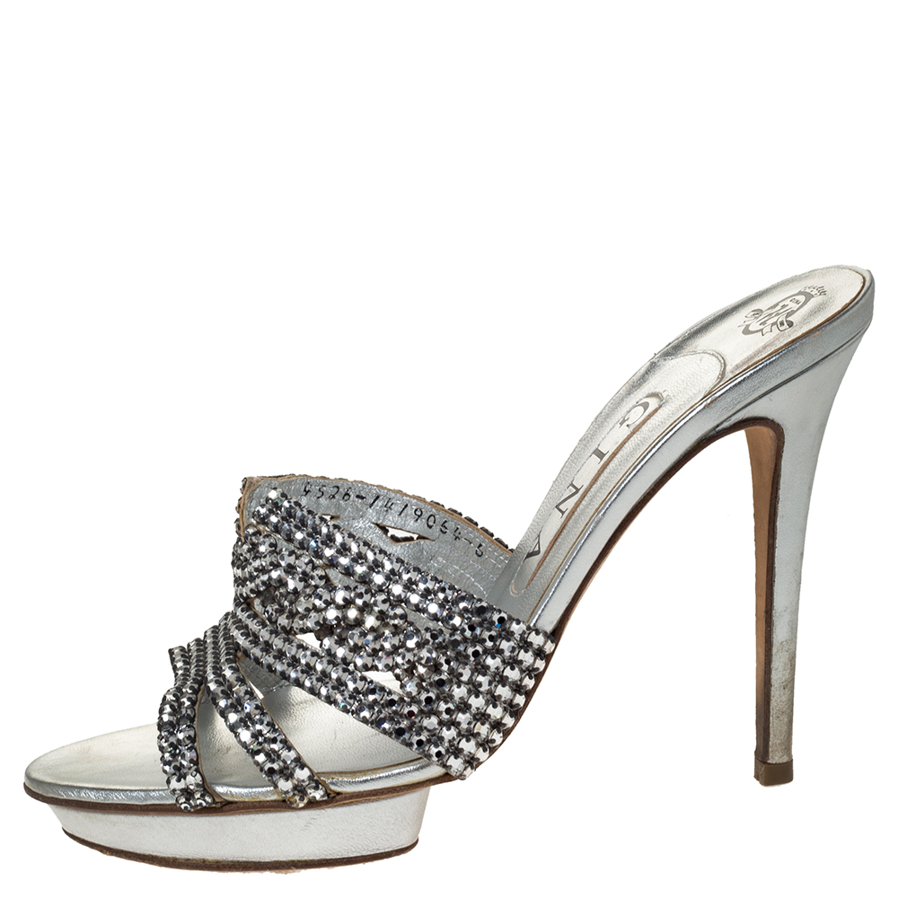 

Gina Silver Crystal Embellished Leather Platform Sandals Size