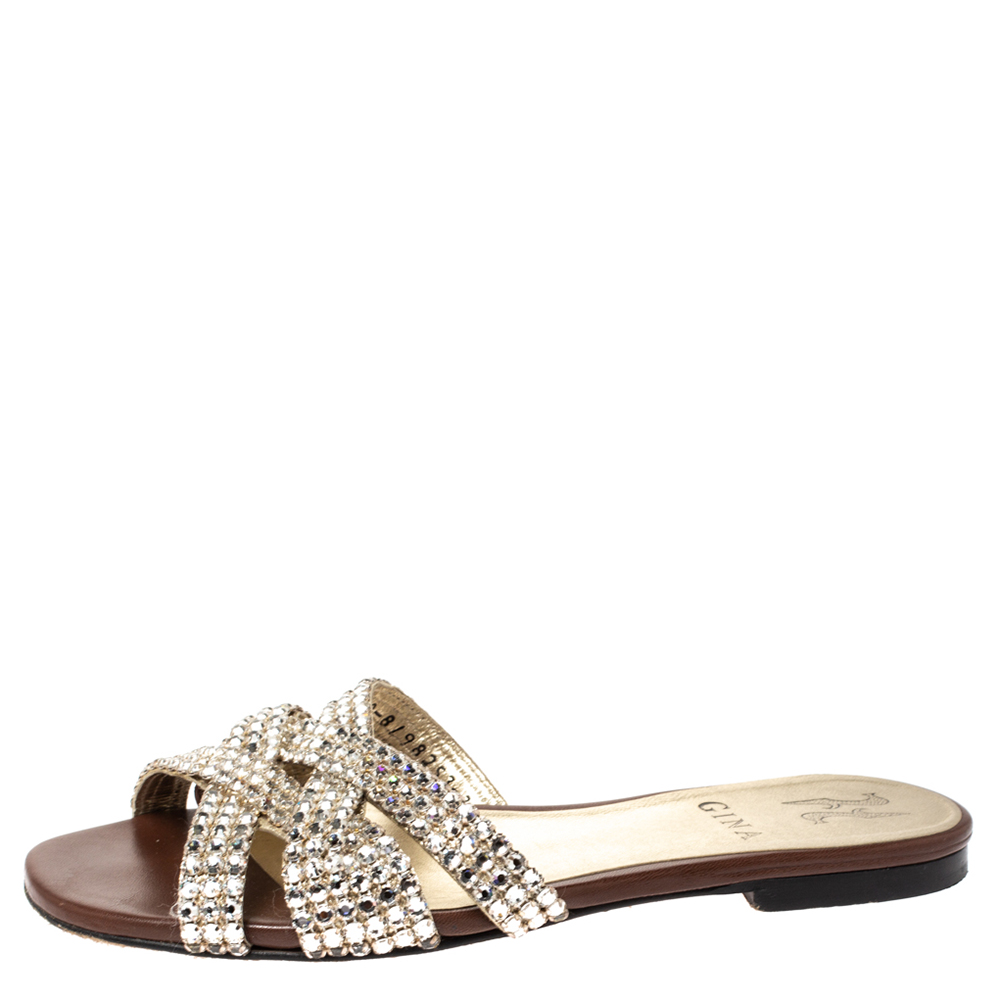 

Gina Brown Crystal Embellished Leather Criss Cross Flats Size