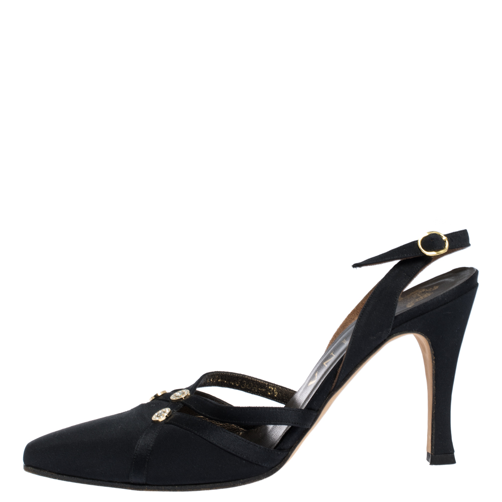 

Gina Black Satin Embellished Pointed Toe Slingback Sandals Size
