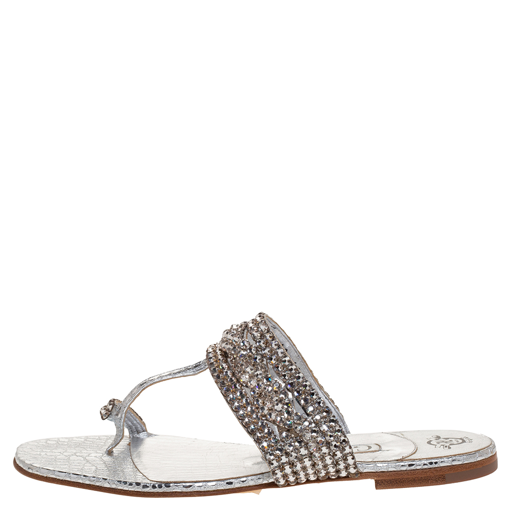 

Gina Silver Crystal Embellished Leather Thong Flat Slides Size