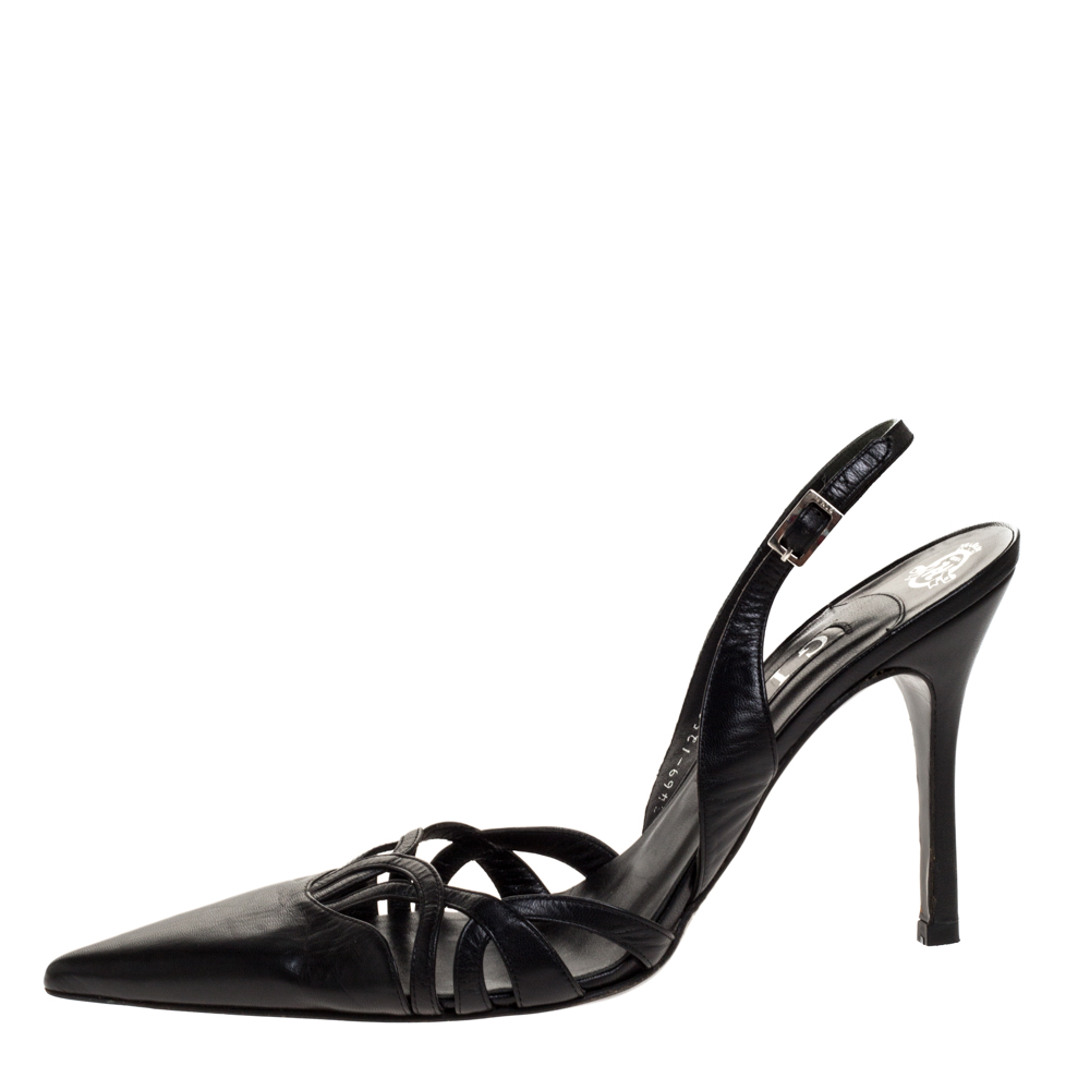 

Gina Black Leather Pointed Toe Slingback Sandals Size