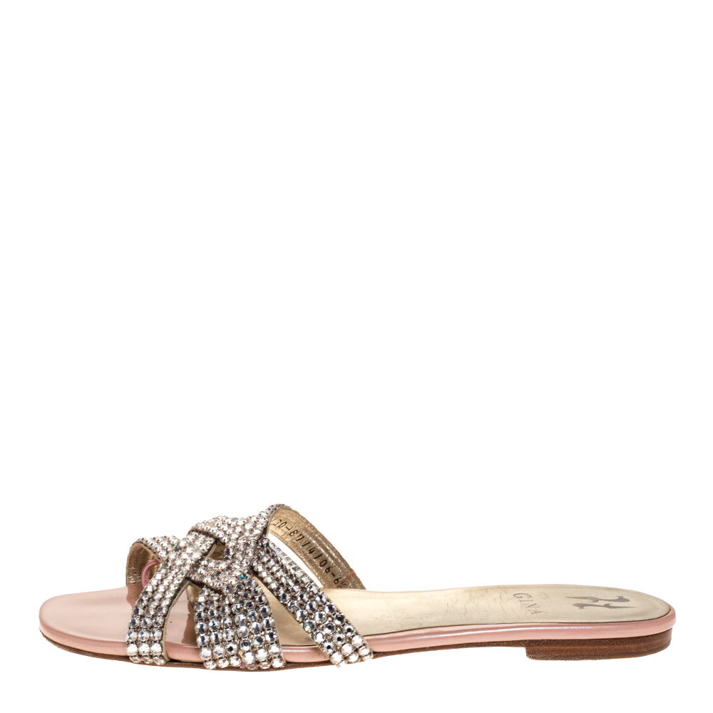 

Gina Metallic Silver Leather Crystal Embellished Flat Slides Size
