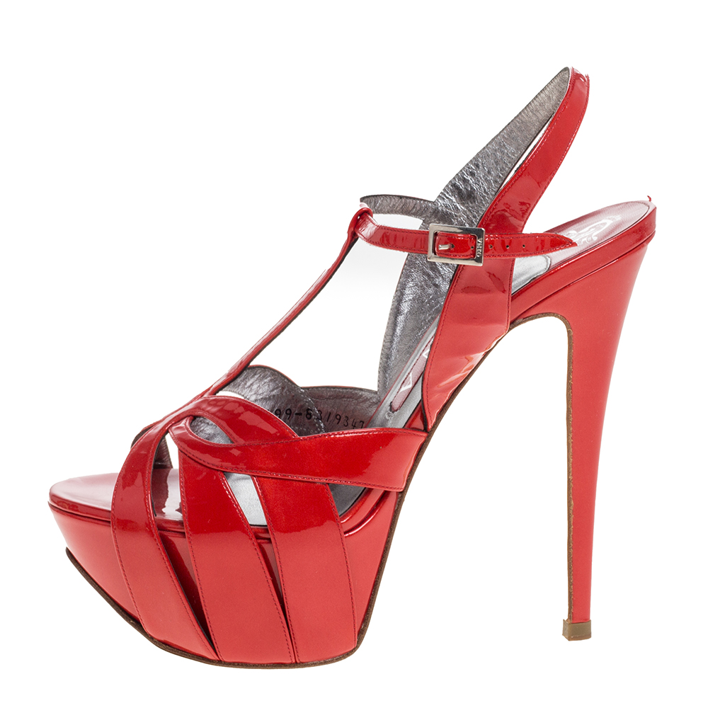 

Gina Red Patent Leather T Strap Platform Sandals Size
