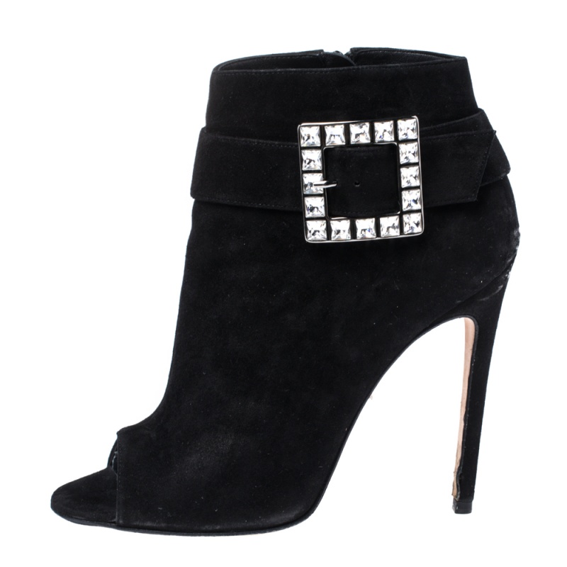 

Gina Black Suede Crystal Embellished Buckle Peep Toe Ankle Boots Size