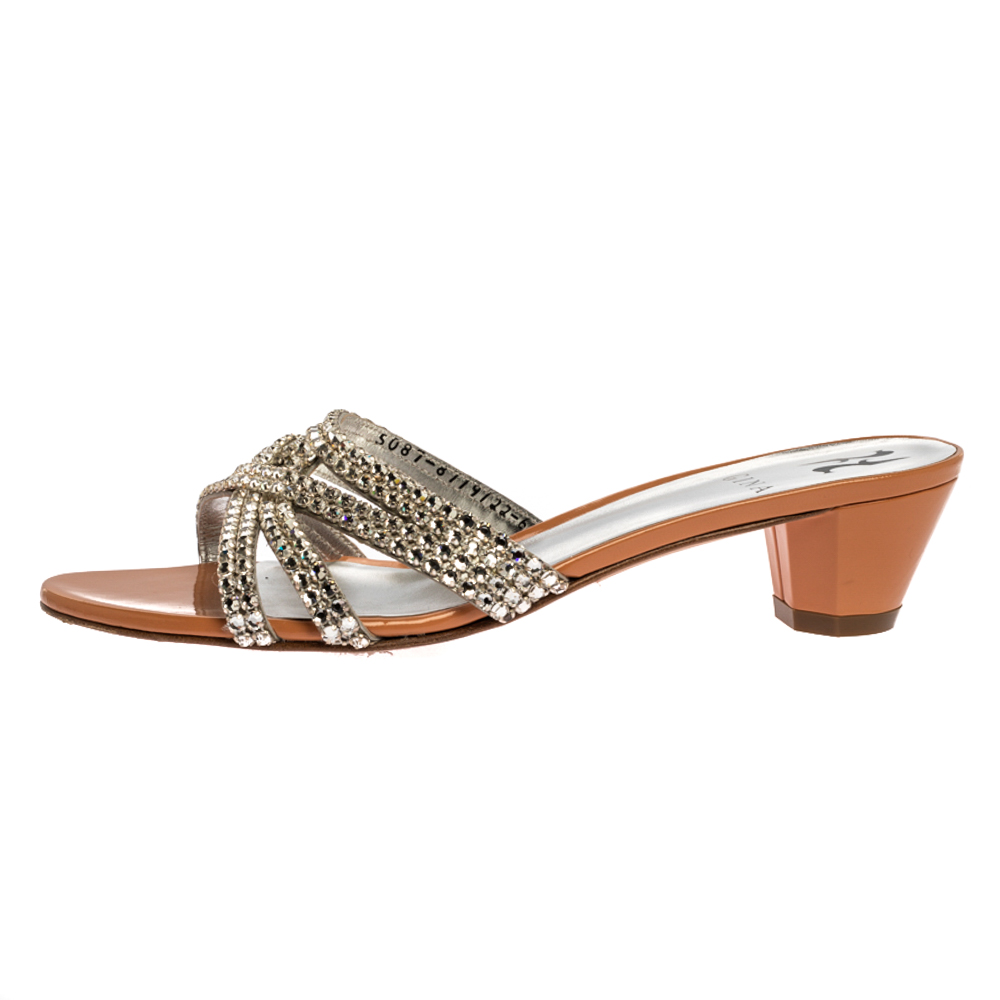

Gina Beige/Silver Crystal Embellished Leather Strappy Sandals Size
