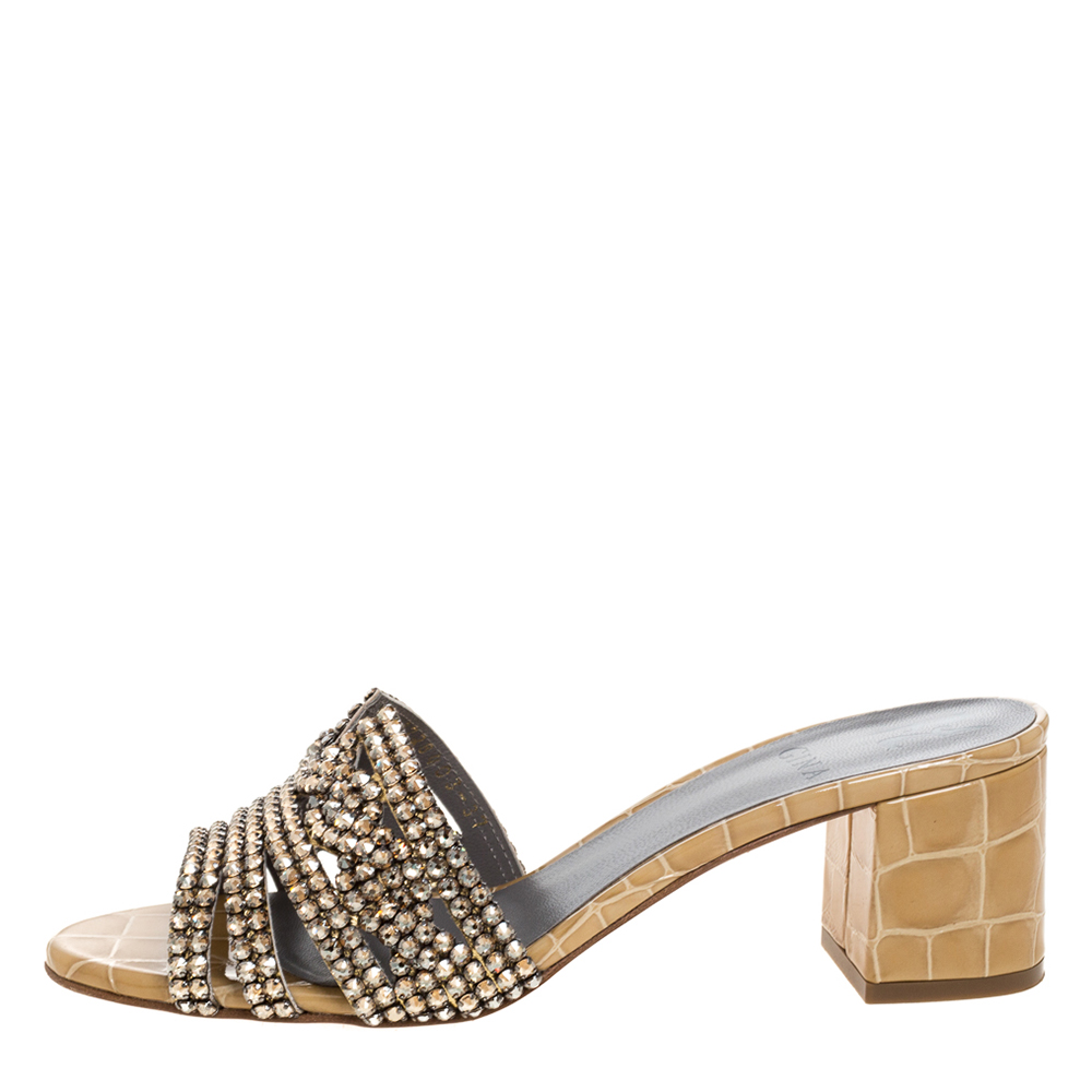 

Gina Beige Croc Embossed Patent Leather Rodeo Crystal Embellished Block Heel Slides Size