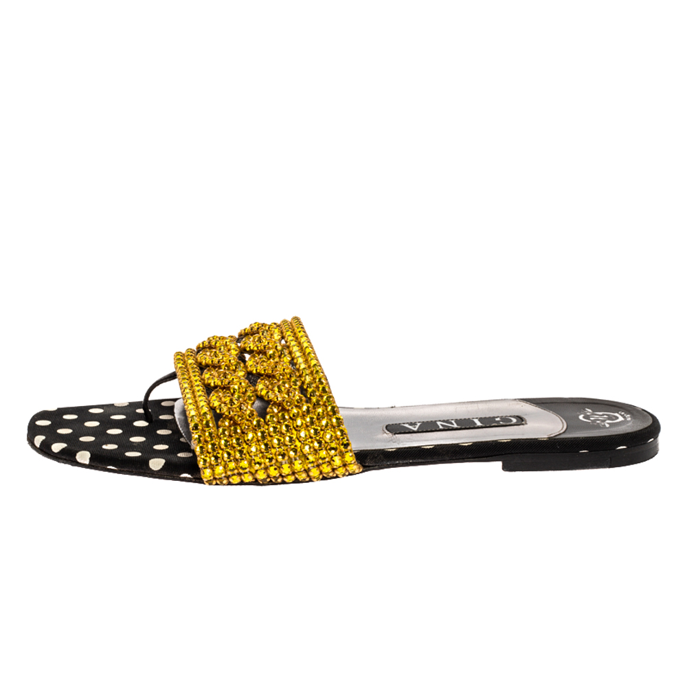 

Gina Metallic Black Leather And Yellow Crystal Embellished Slide Flats Size