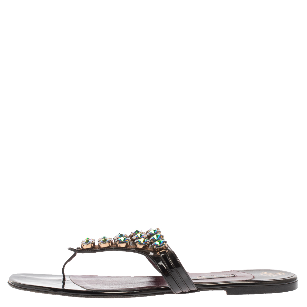 

Gina Black Patent Leather Crystal Embellished Thong Flats Size