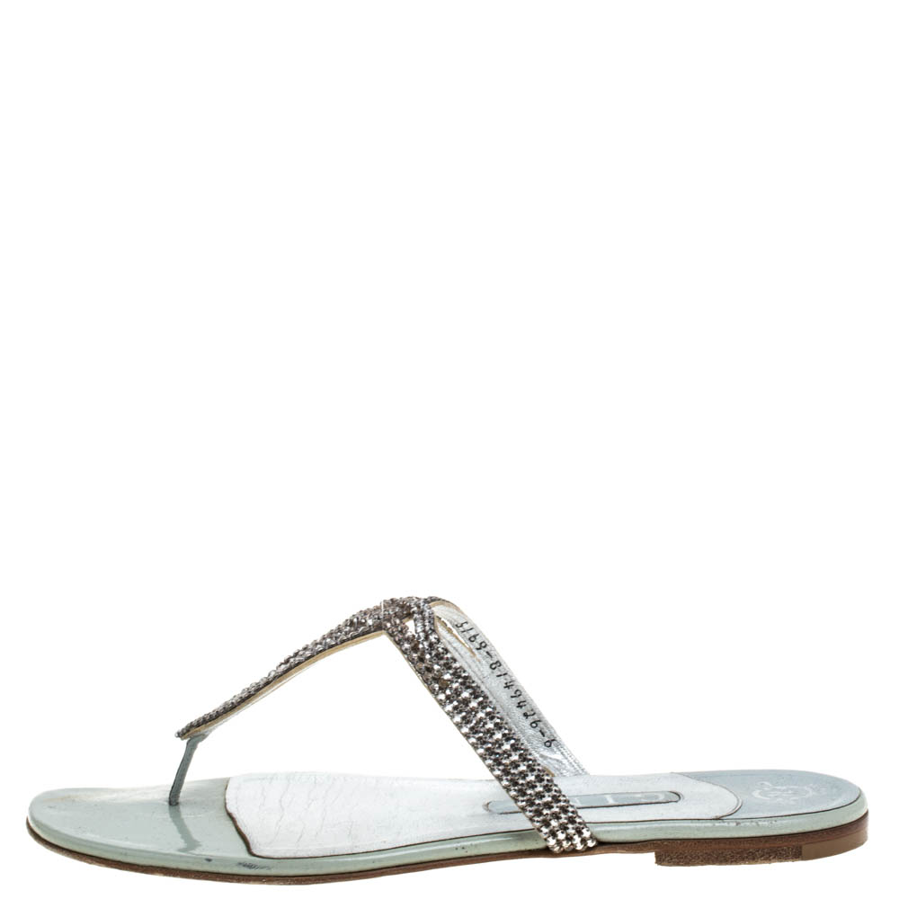 

Gina Metallic Silver Leather Crystal Embellished Flat Slides Size