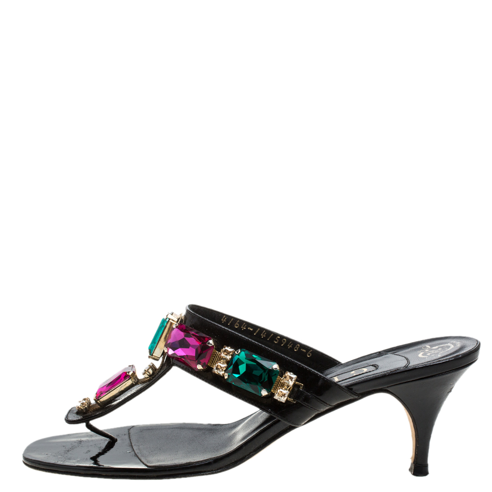 

Gina Black Leather Crystal Embellished Slide Sandals Size