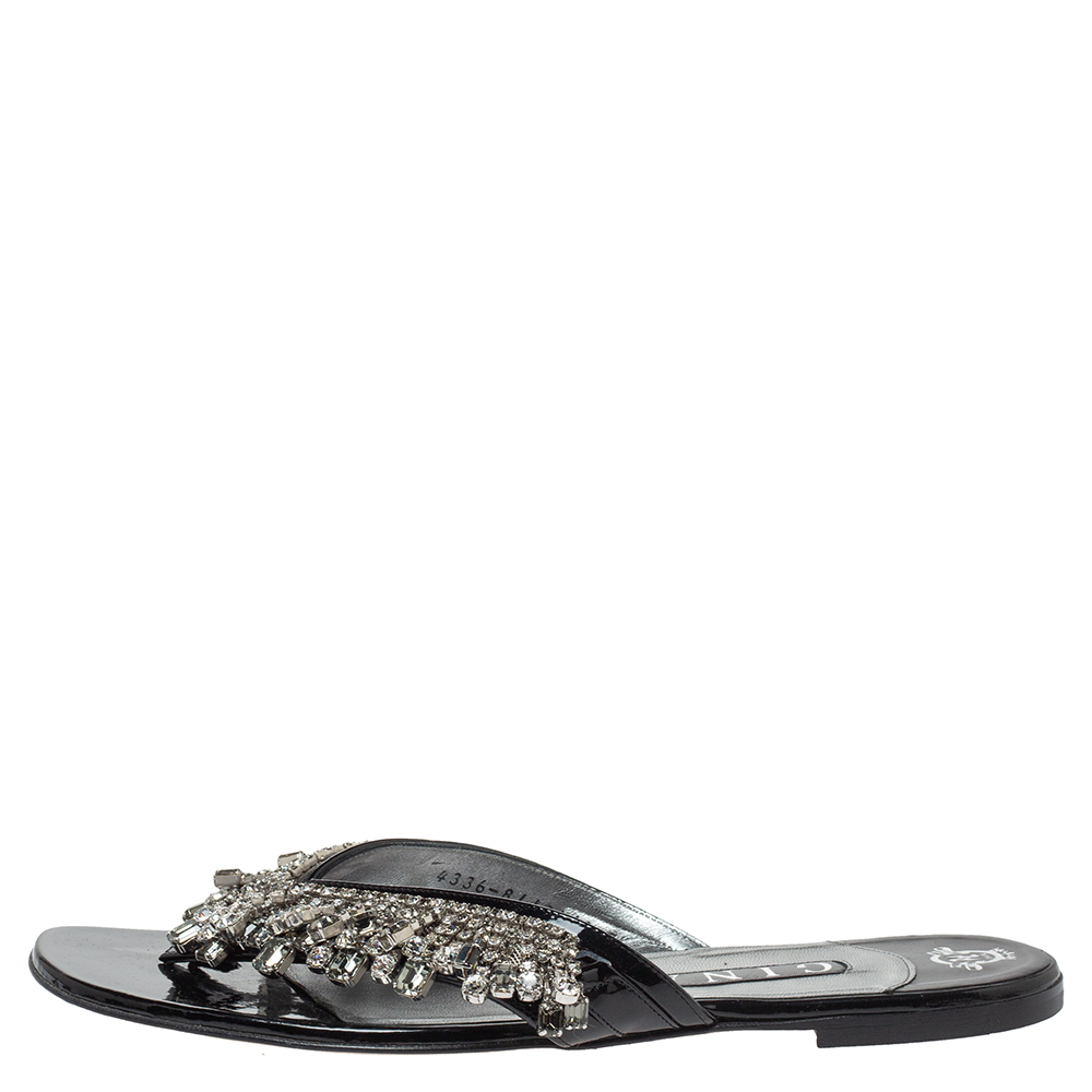 

Gina Black Leather Crystal Embellished Thong Flats Size