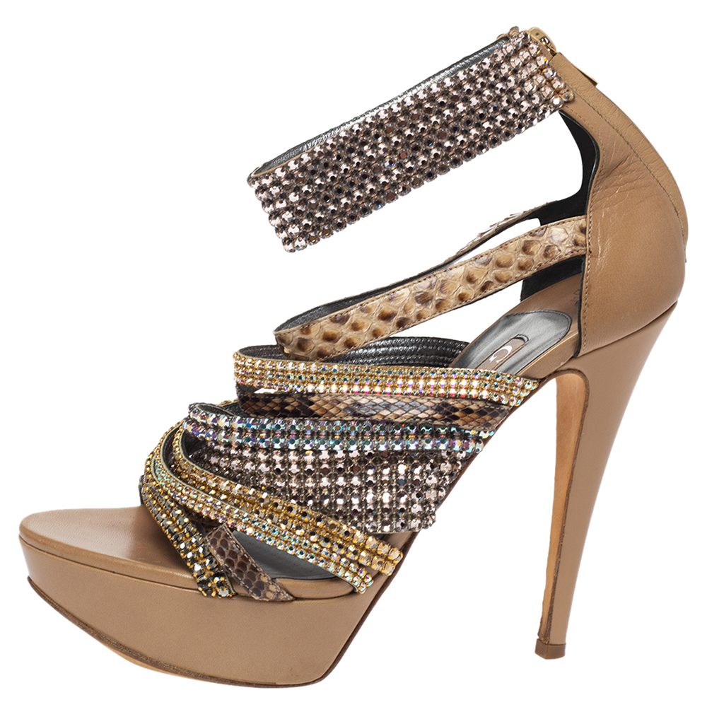 

Gina Beige Leather And Python Trim Embellished Strappy Sandals Size