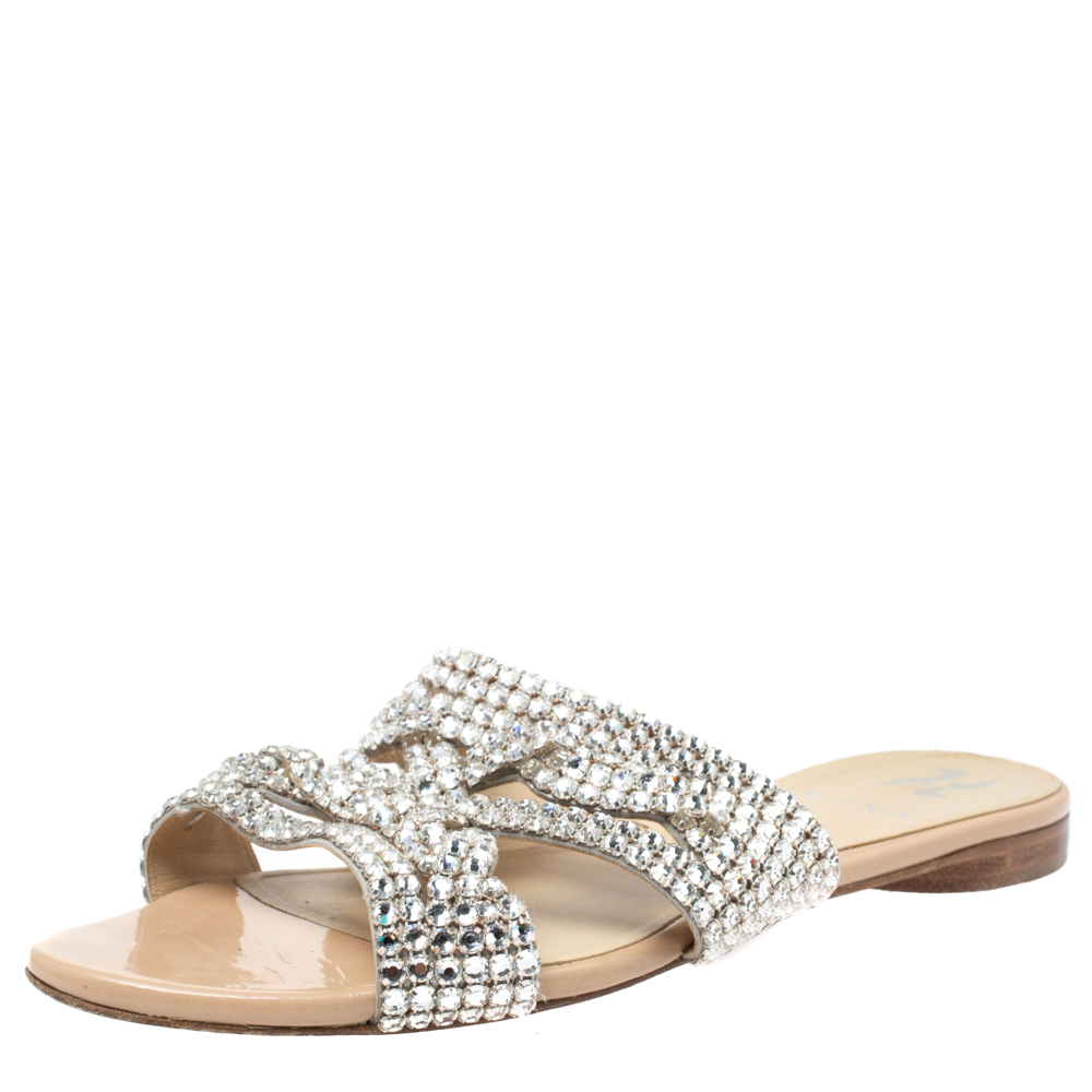 Click to view more detailed imagery on our partner's website Pre-owned Gina Beige Crystal Embellished Flat Slide Sandals Size 38
