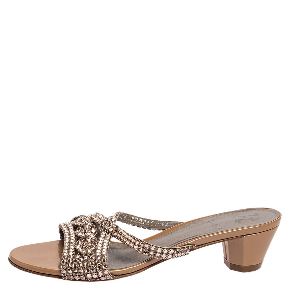 

Gina Beige Crystal Embellished Leather Slide Sandals Size